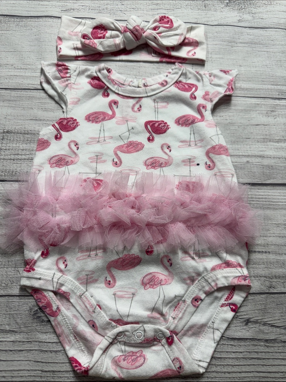 Baby Essentials Pink Flamingo Tulle One-Piece with Headband